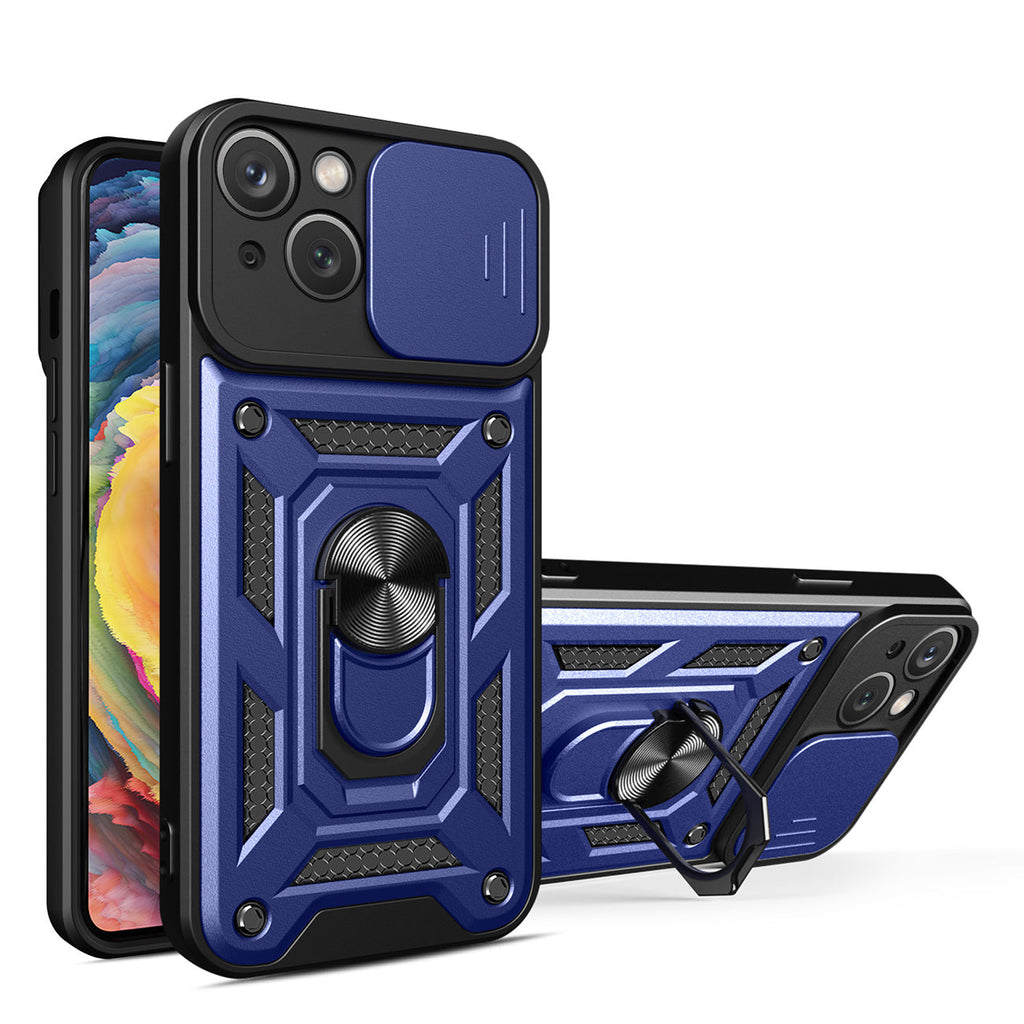 Kickstand Ring Holder With Slide Camera Cover Tpu Magnetic Car Mount For Apple Iphone 14 In Blue