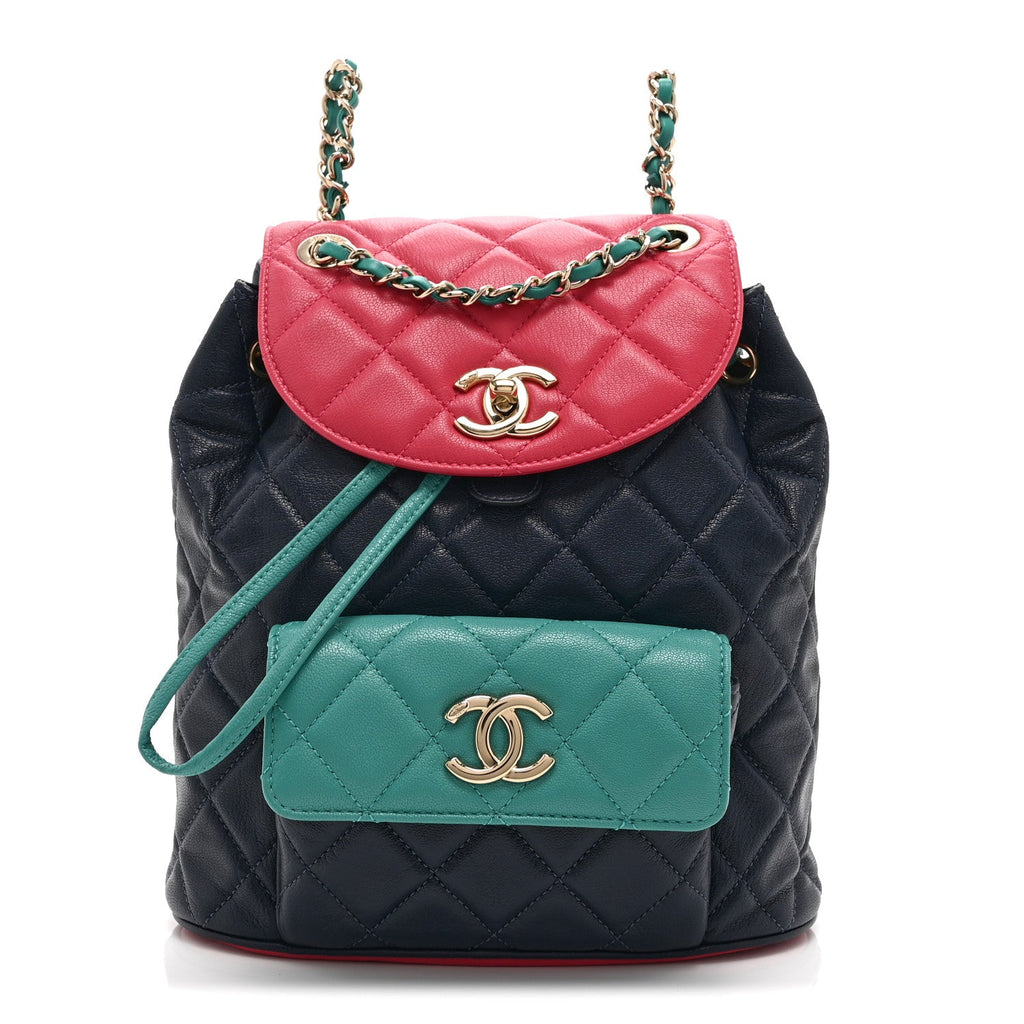 Goatskin Quilted Duma Drawstring Backpack Navy Turquoise Pink