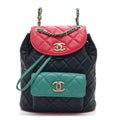 Goatskin Quilted Duma Drawstring Backpack Navy Turquoise Pink