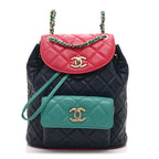 Goatskin Quilted Duma Drawstring Backpack Navy Turquoise Pink