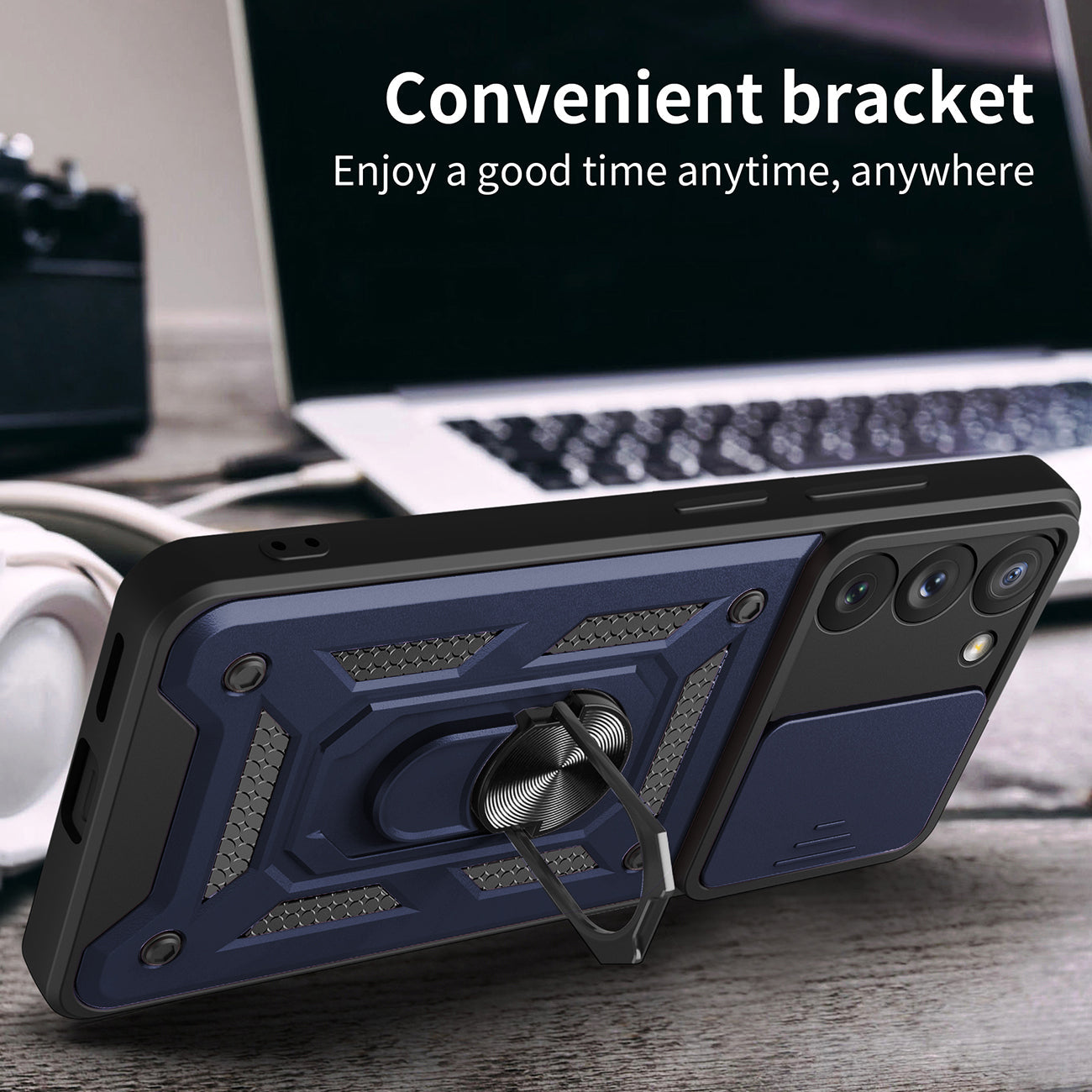 Kickstand Ring Holder With Slide Camera Cover Tpu Magnetic Car Mount For Galaxy S23  In Blue