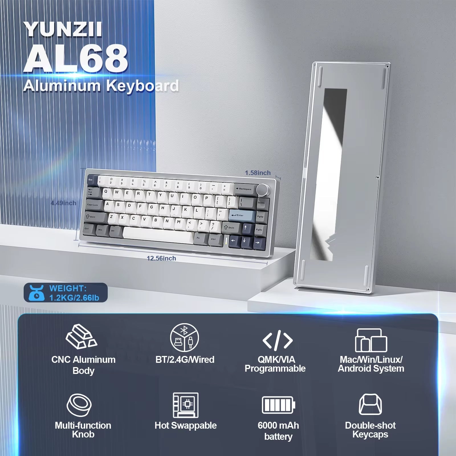 AL68 Silver Wireless Custom Mechanical Keyboard -  Gateron QMK/VIA Aluminum Hot Swap Gasket Gaming Keyboard with Control Knob