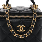 Lambskin Quilted Metal Mini Top Handle Vanity Case With Chain Black