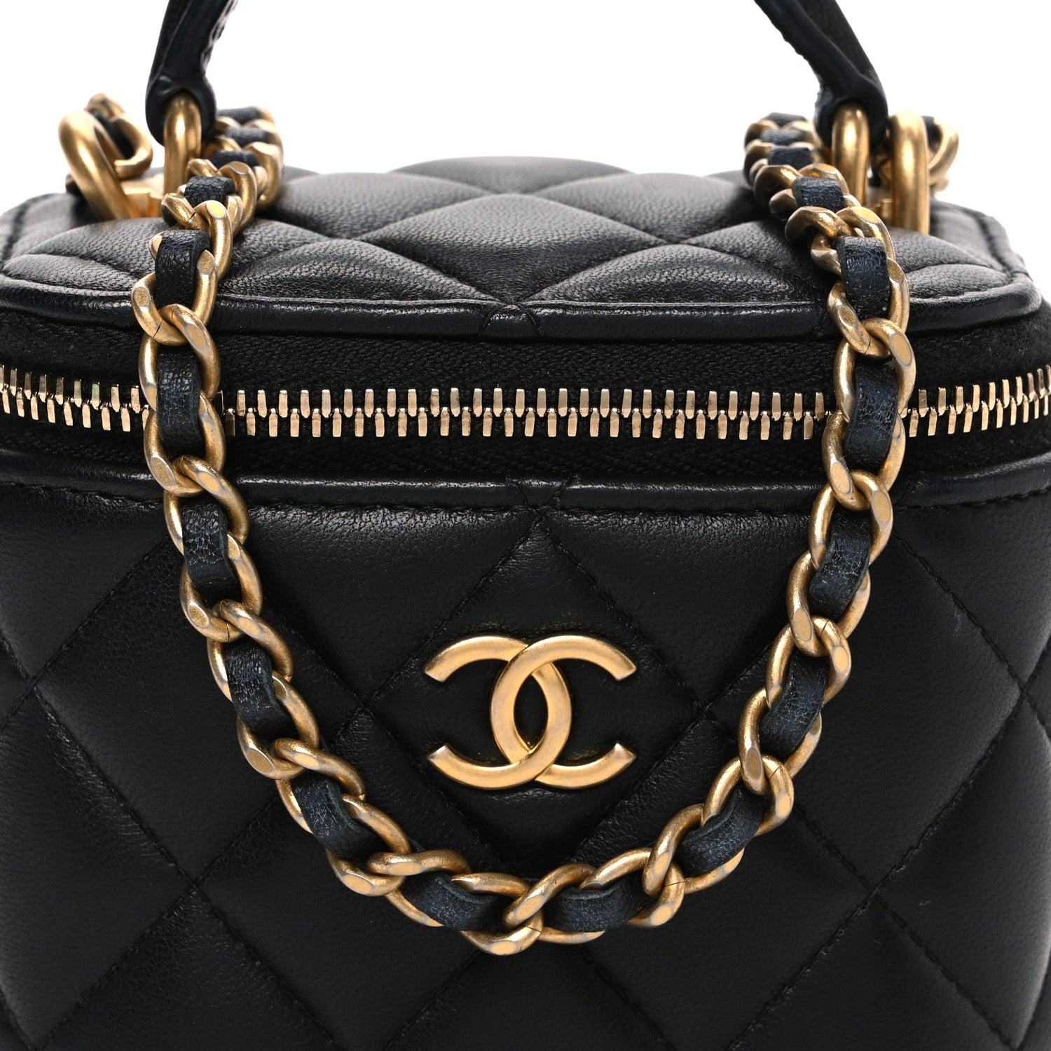 Lambskin Quilted Metal Mini Top Handle Vanity Case With Chain Black