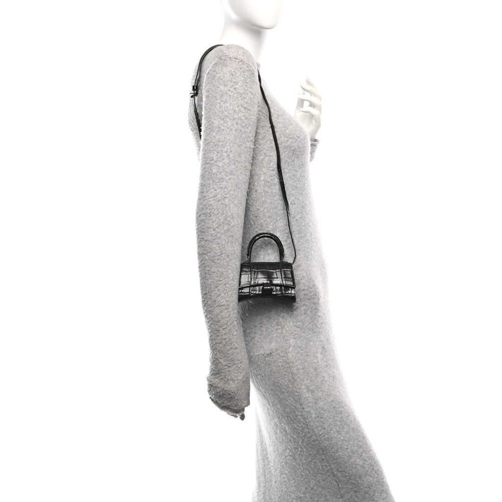 Shiny Calfskin Monochrome Crocodile Embossed Hourglass Top Handle Bag Mini Black