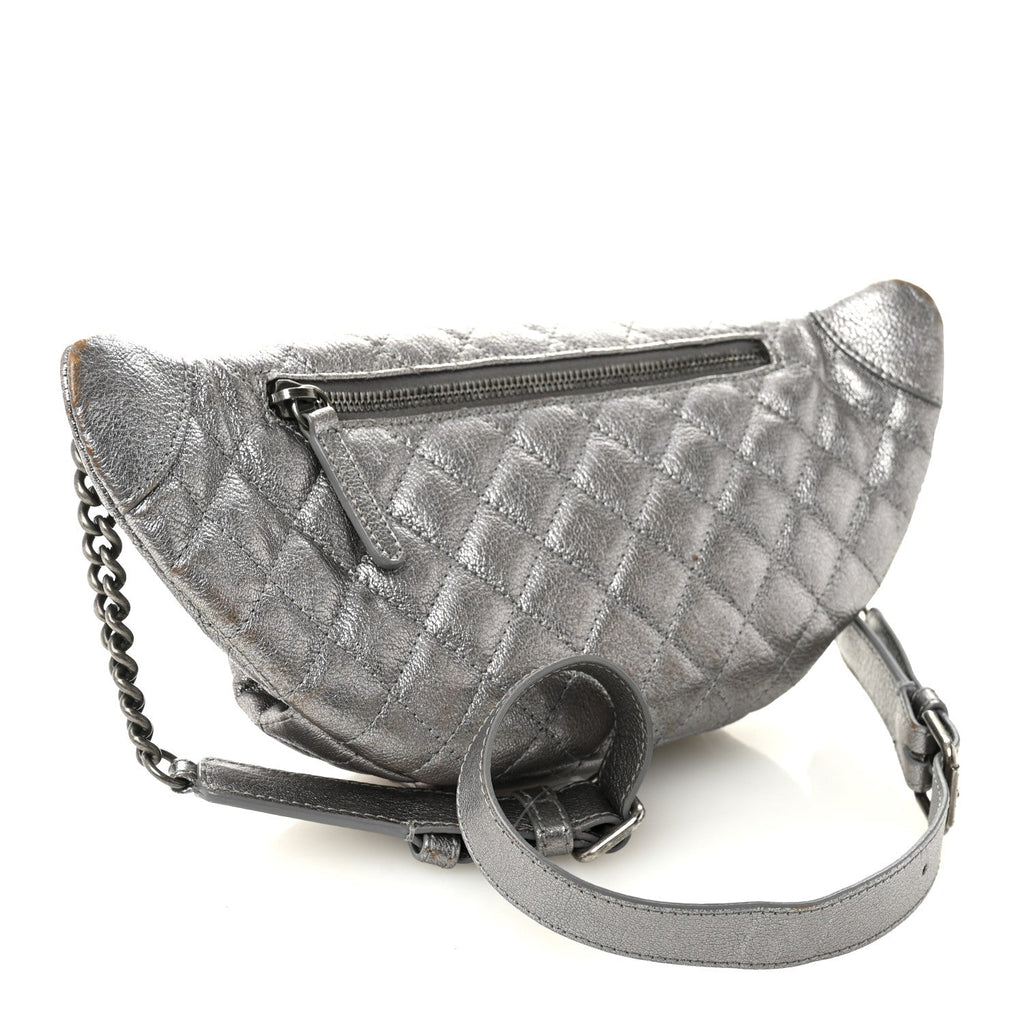 Metallic Calfskin Quilted Banane Waist Bag Fanny Pack Dark Silver