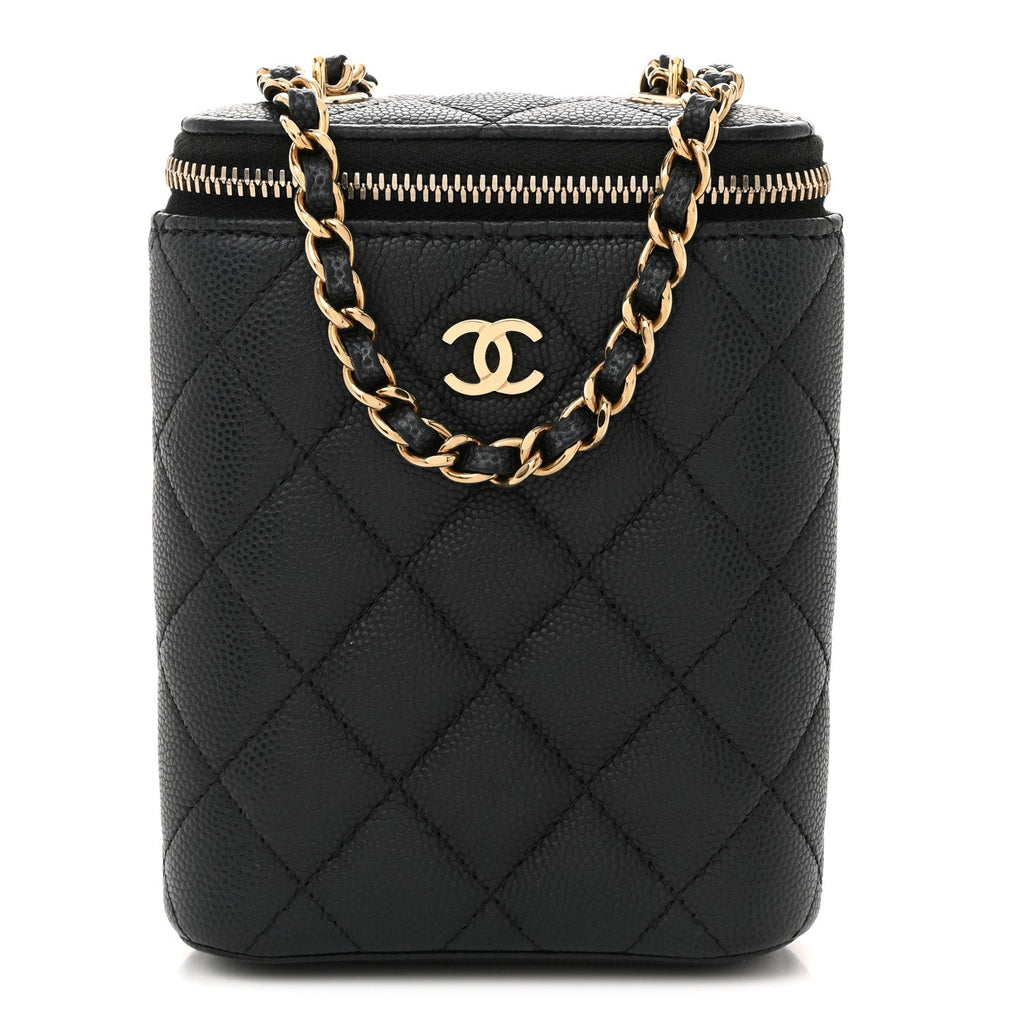 Caviar Quilted Small Vertical Coco Beauty Vanity Case With Chain Black