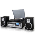 3-Speed Vinyl Turntable Home Stereo System with CD Player, FM Radio, Bluetooth, USB/SD Recording and Wired Shelf Speakers
