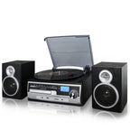 3-Speed Vinyl Turntable Home Stereo System with CD Player, FM Radio, Bluetooth, USB/SD Recording and Wired Shelf Speakers
