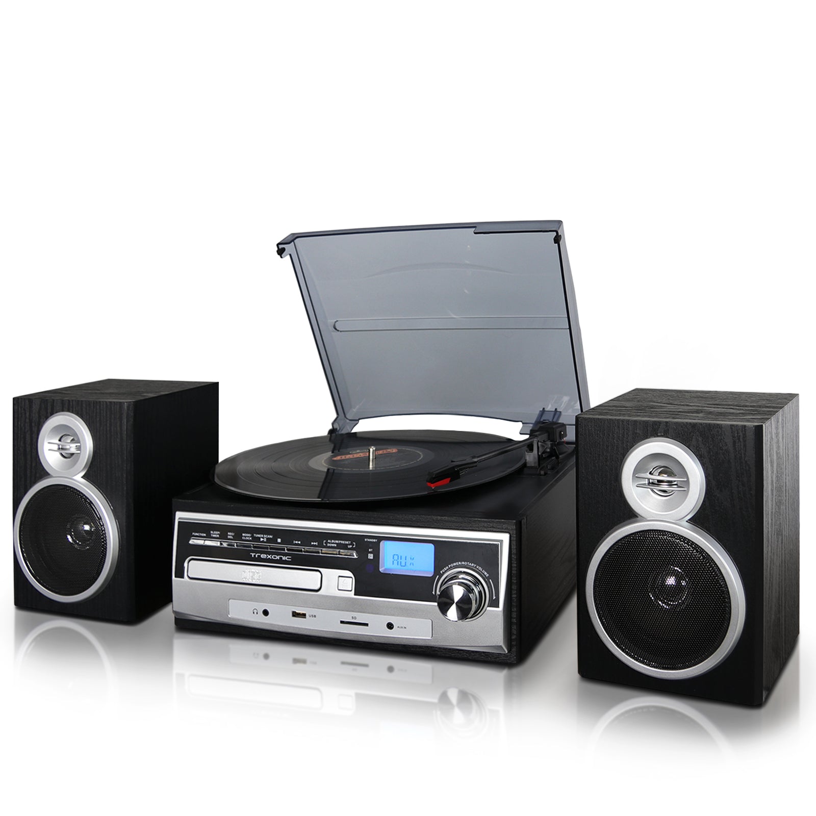 3-Speed Vinyl Turntable Home Stereo System with CD Player, FM Radio, Bluetooth, USB/SD Recording and Wired Shelf Speakers