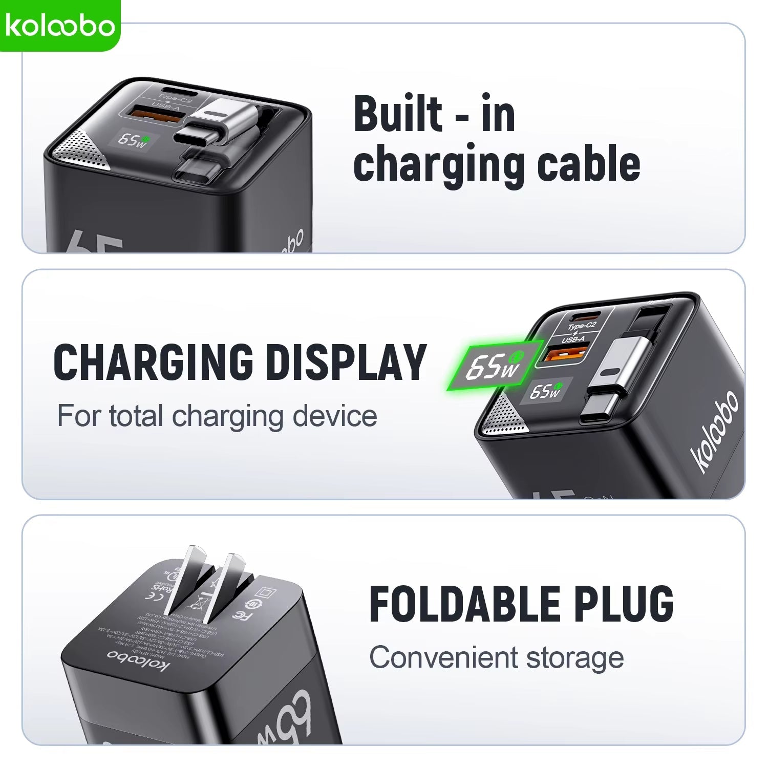 65W GaN Fast Charger with Three Ports and Integrated 80cm Retractable Type-C Cable for iPhone 16/15/14/13 Pro Max, Xiaomi, and Samsung Devices
