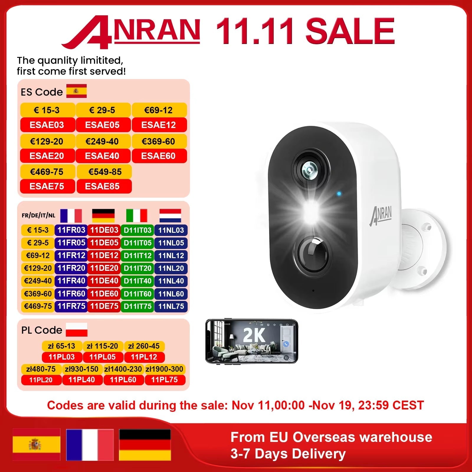 2K Wireless Rechargeable Battery Camera with 2.4G WiFi for Home Surveillance, PIR Detection, IP65 Rating, Compatible with ANRAN App - 1Pc