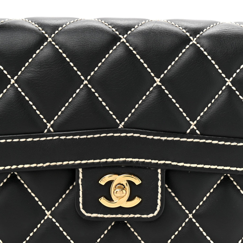 Calfskin Quilted Wild Stitch Large Top Handle Flap Black