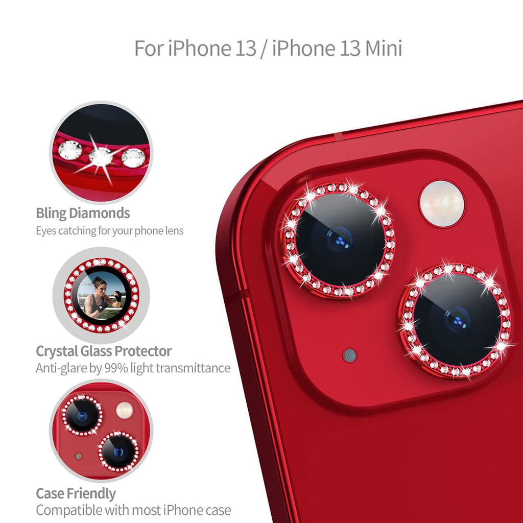 Diamond Camera Lens Protector, Diamond Tempered Glass Camera Cover Screen Protector For Iphone 14 / Iphone 14 Plus In Red