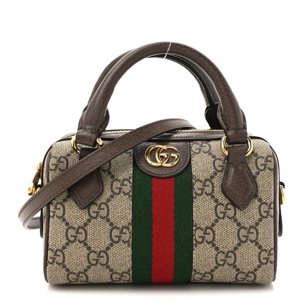 GG Supreme Monogram Textured Dollar Calfskin Web Super Mini Ophidia Top Handle Bowler Bag Beige Ebony New Acero