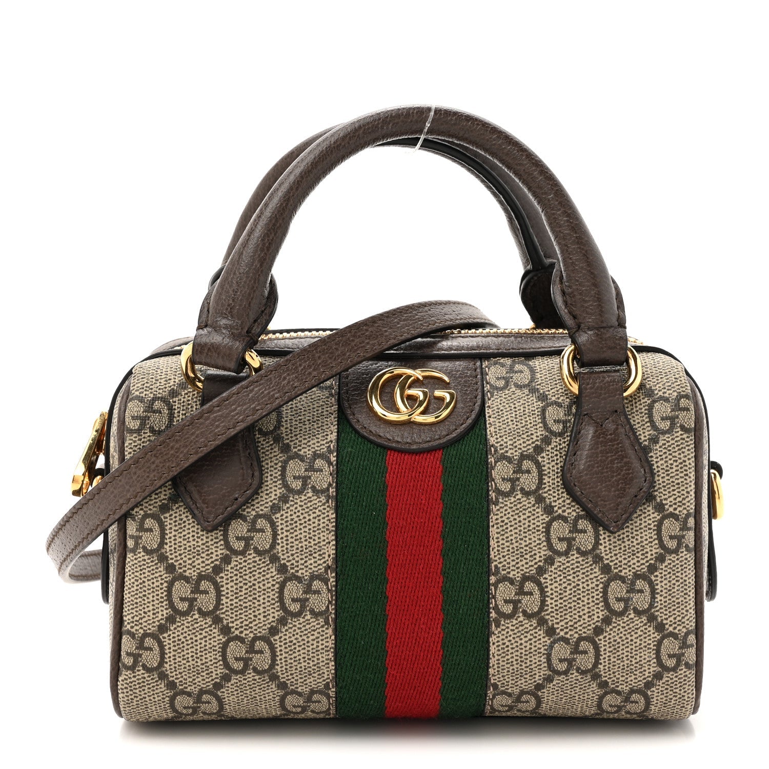 GG Supreme Monogram Textured Dollar Calfskin Web Super Mini Ophidia Top Handle Bowler Bag Beige Ebony New Acero