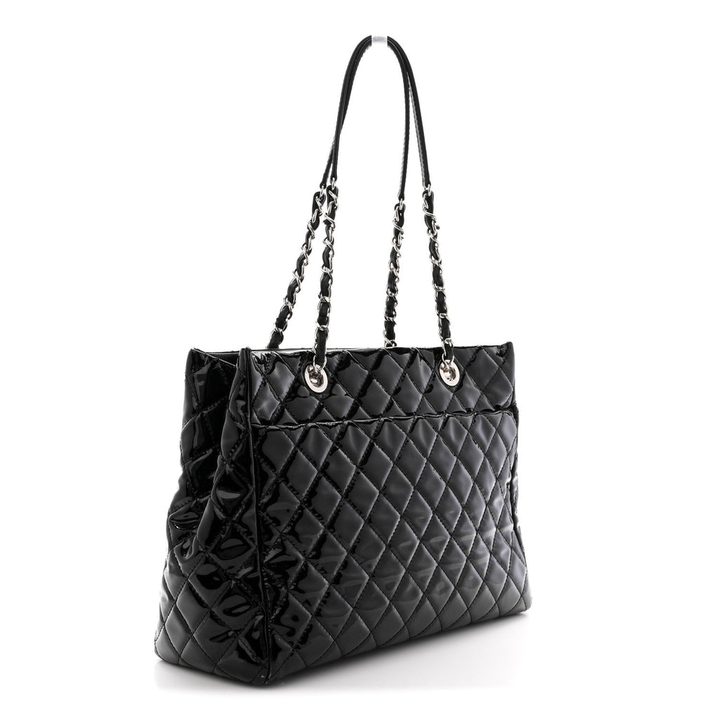 Patent Quilted Large Coco Shine Shopping Tote Black