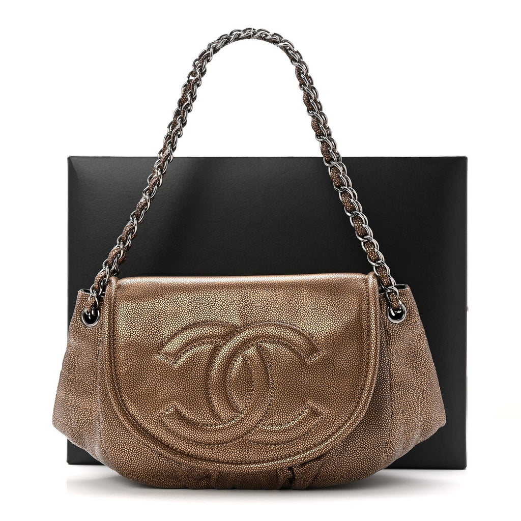 Metallic Caviar Half Moon Large Flap Bronze