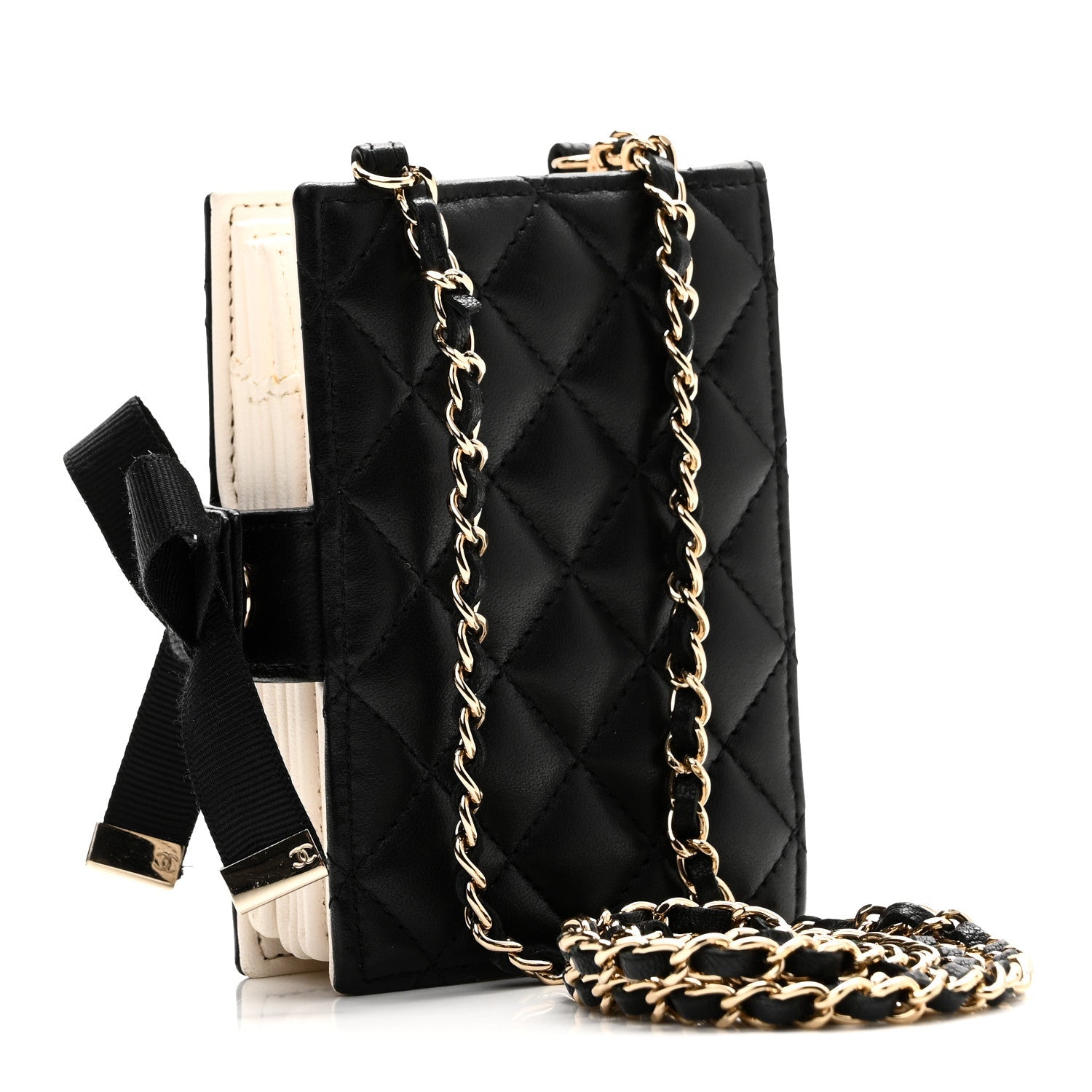 Lambskin Quilted Book Card Holder on Chain Black
