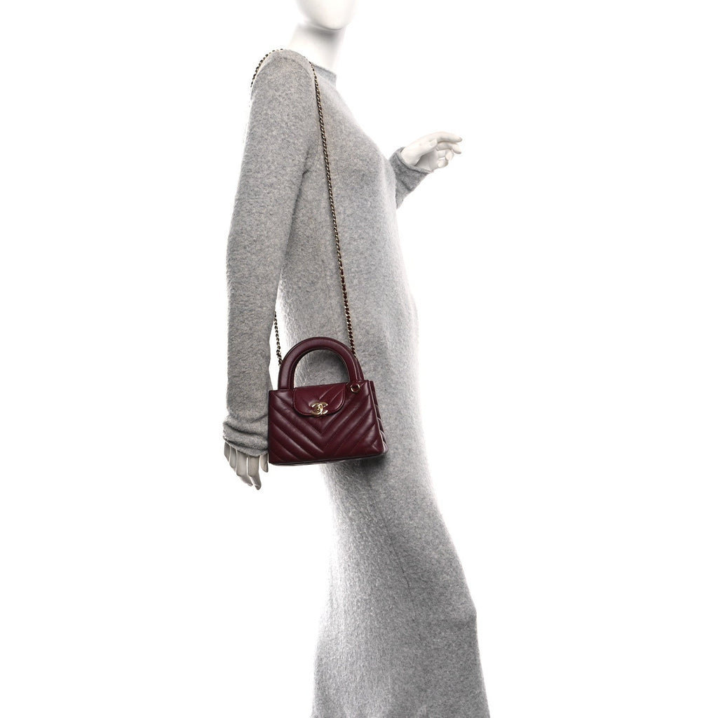 Shiny Lambskin Chevron Quilted Nano Kelly Shopper Dark Burgundy