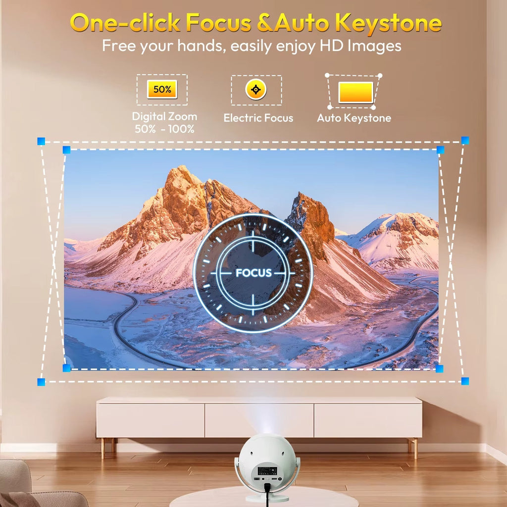 350 ANSI Lumens 4K Portable Android Projector with Native 720P/1080P, WiFi 6, Bluetooth, 50% Zoom, and Electric Focus for Home Theater