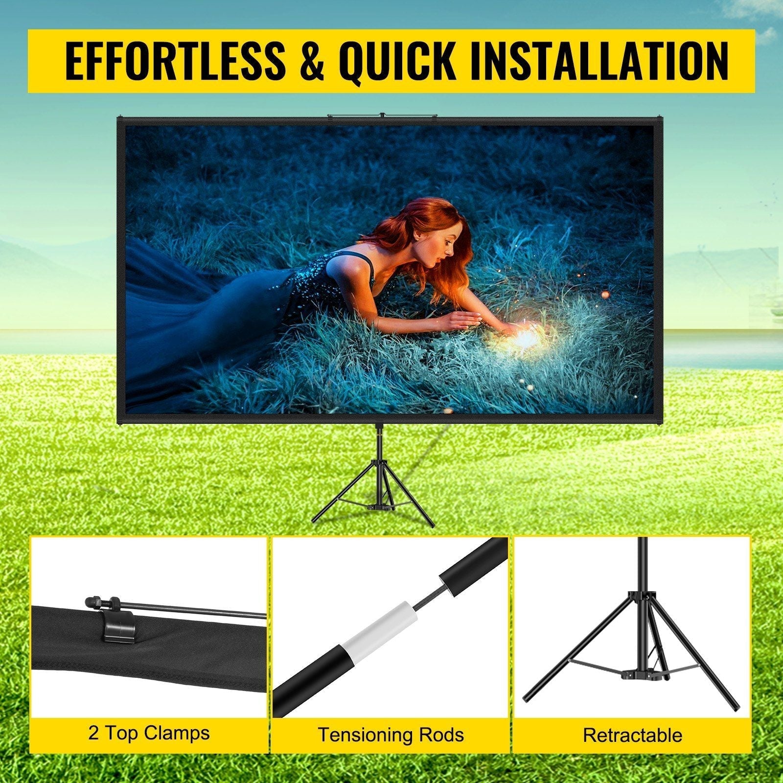 Tripod Projector Screen with Stand 90 inch 16:9 4K HD Projection Screen Stand Wrinkle-Free Height Adjustable Portable Screen for Projector Indoor & Outdoor for Movie, Home Cinema, Gaming, Office