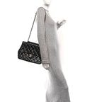 Glazed Calfskin Quilted Large Gold Bar Top Handle Flap Black