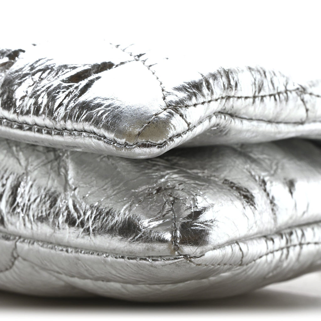 Metallic Crinkled Nappa Pillow Quilted Tiny Softie Bag Silver