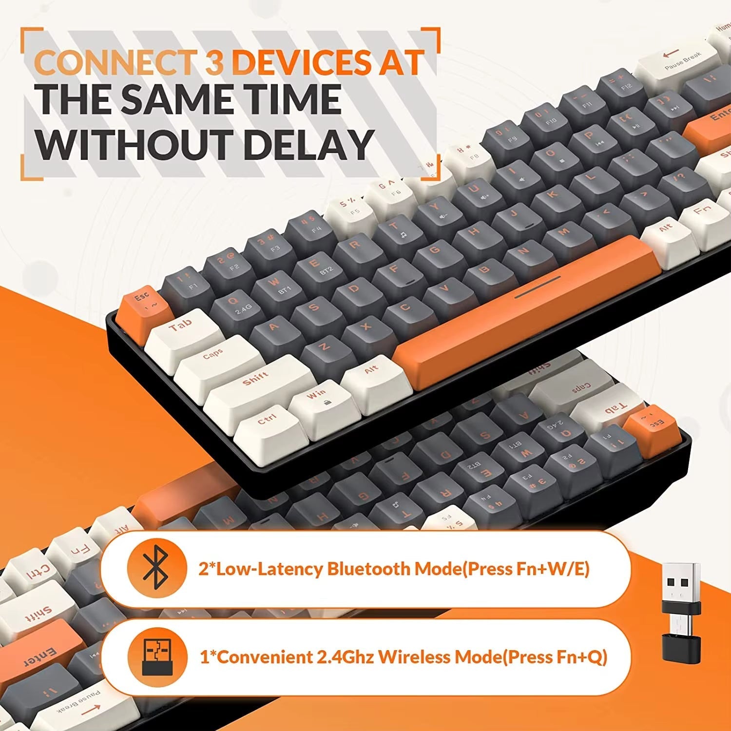 RK68 Wireless 60% Mechanical Keyboard with Bluetooth 5.0 and 2.4GHz Dual Mode Receiver, 68-Key Hot-Swappable Gaming Keyboard Red Switch