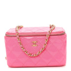 Patent Quilted Pearl Crush Small Vanity Case With Chain Neon Pink