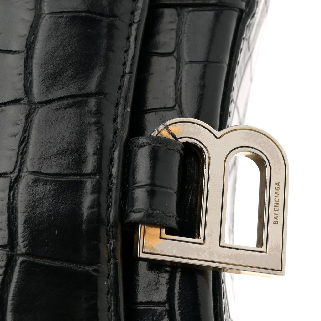 Shiny Calfskin Crocodile Embossed Hourglass Chain Bag Black