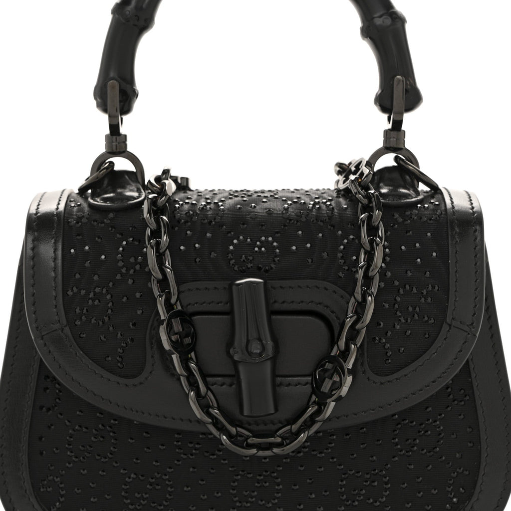 Moire Fabric Calfskin Rhinestone Monogram Monochrome Mini Bamboo 1947 Top Handle Chain Bag Black