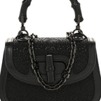Moire Fabric Calfskin Rhinestone Monogram Monochrome Mini Bamboo 1947 Top Handle Chain Bag Black