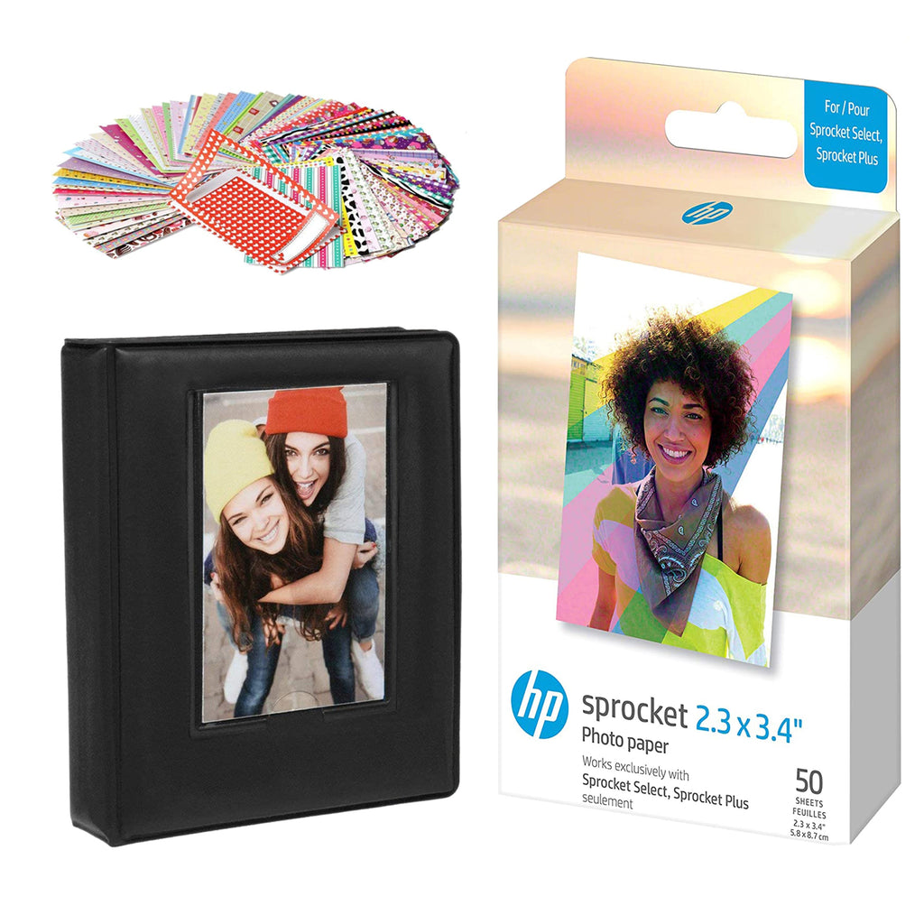 HP Sprocket Sticky Back Zink Photo Paper 2.3 x 3.4" (50 Sheets), Stickers & Album Starter Bundle