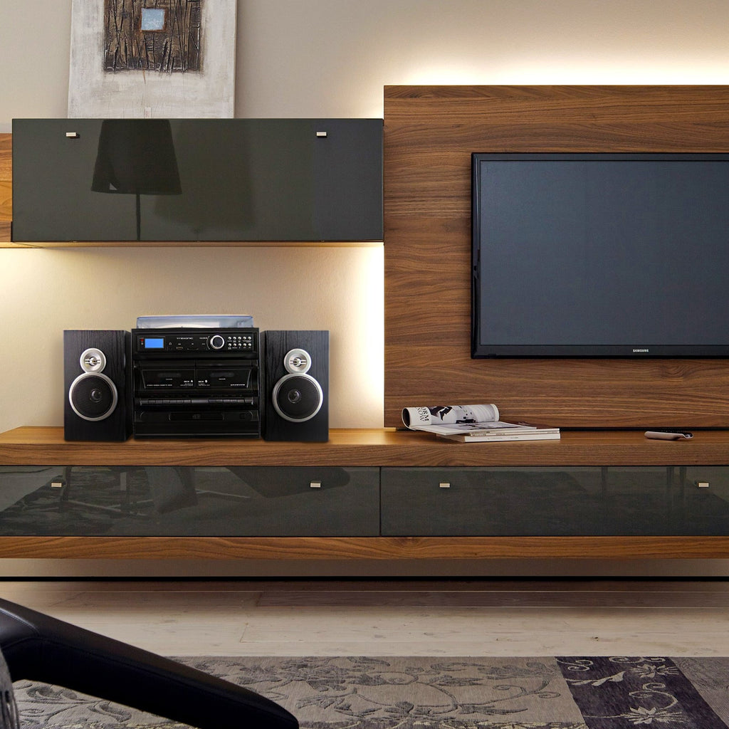 3-Speed Vinyl Turntable Home Stereo System with CD Player, Dual Cassette Player, Bluetooth, FM Radio & USB/SD Recording and Wired Shelf Speakers