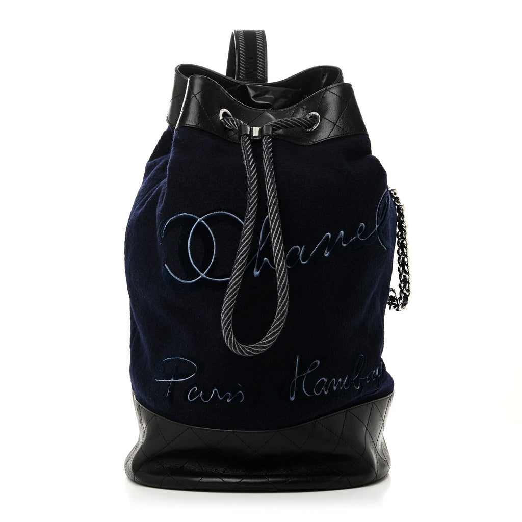 Wool Calfskin Embroidered Paris Hamburg Drawstring Backpack Navy Blue