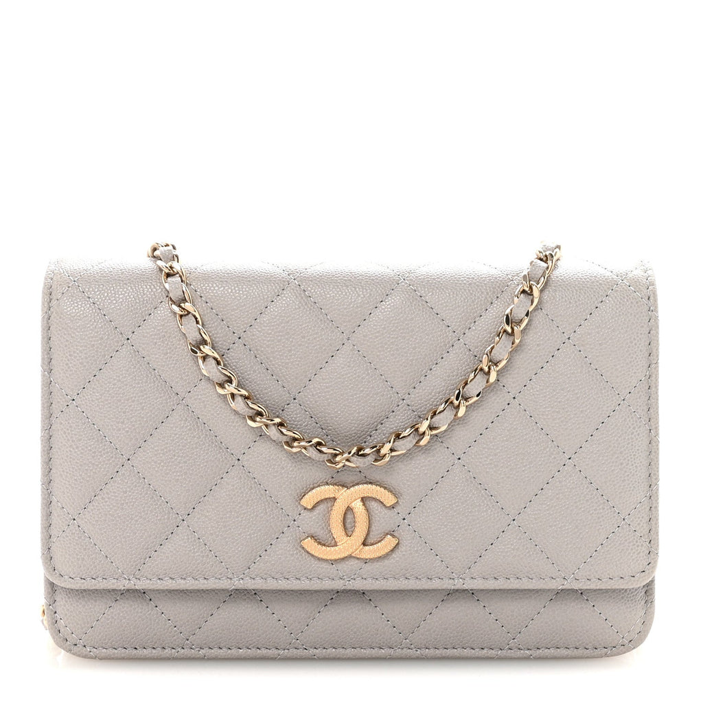 Caviar Quilted Studded CC Wallet On Chain WOC Grey