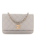 Caviar Quilted Studded CC Wallet On Chain WOC Grey