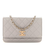 Caviar Quilted Studded CC Wallet On Chain WOC Grey