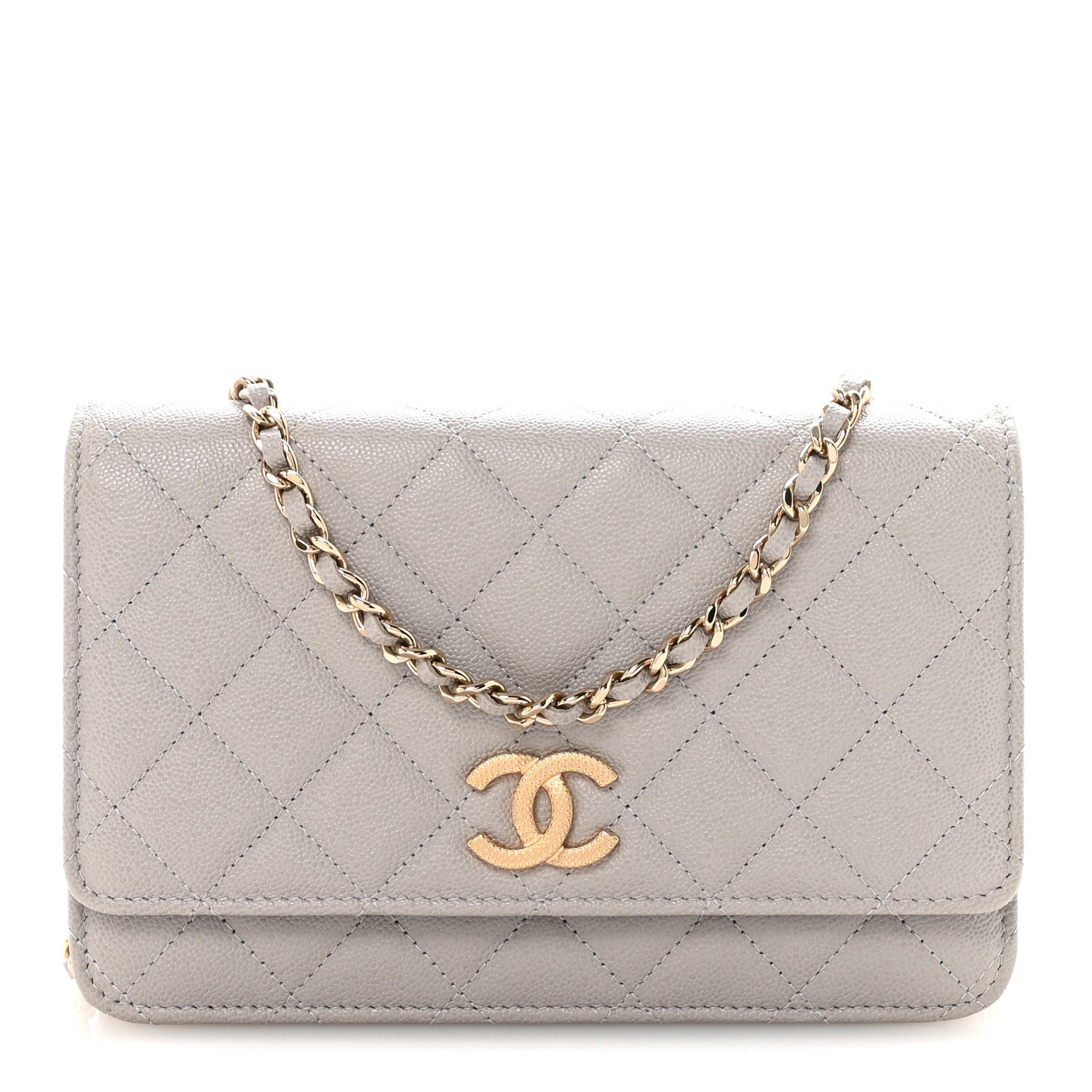 Caviar Quilted Studded CC Wallet On Chain WOC Grey