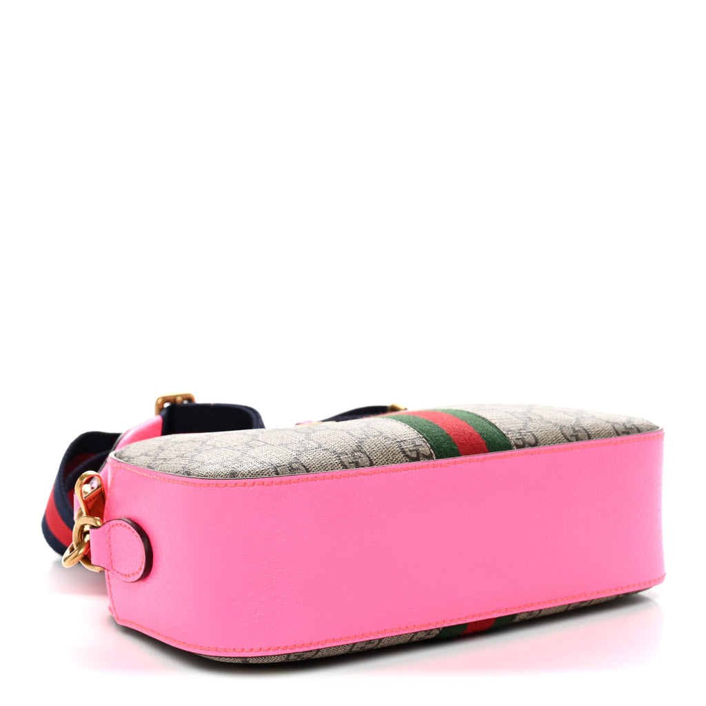 GG Supreme Monogram Textured Dollar Calfskin Web Ophidia Small Crossbody Bag Beige Ebony Fuchsia