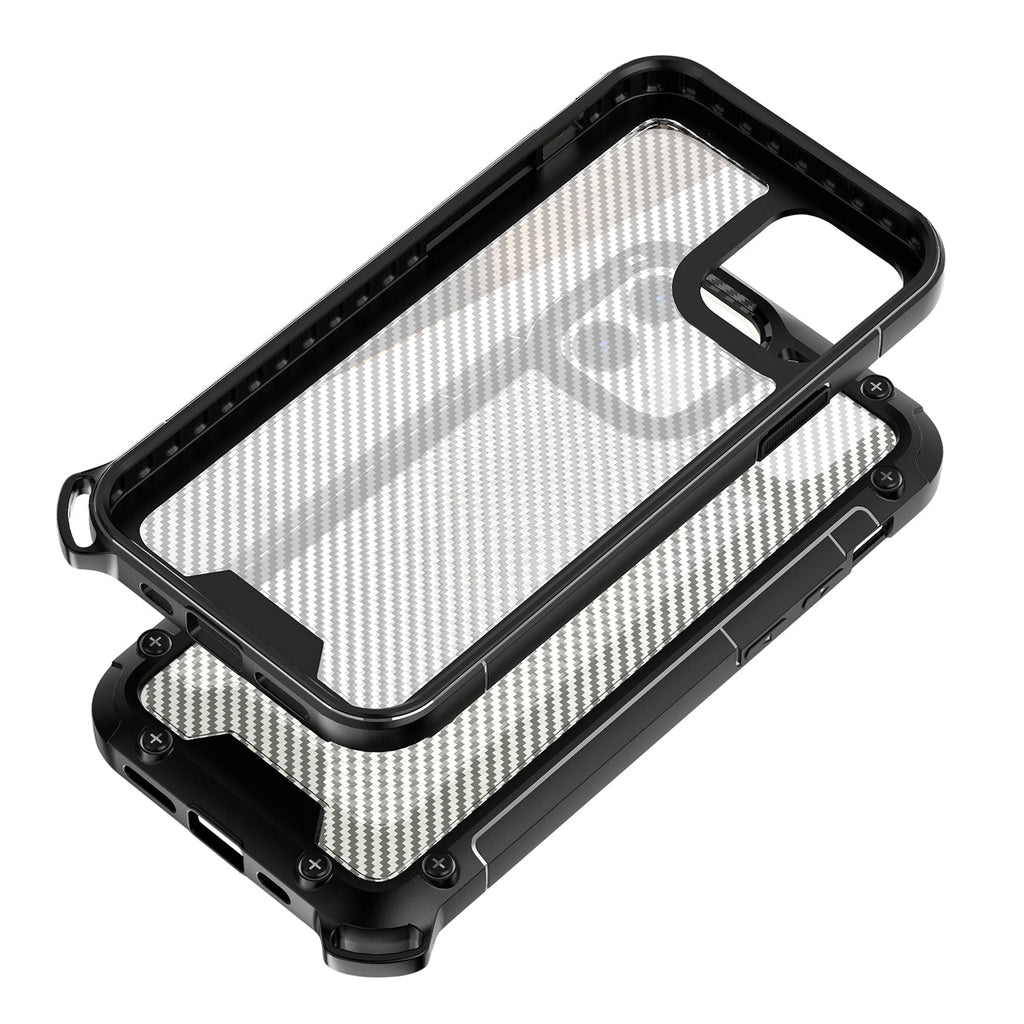 Reiko Shockproof Pc Bumper Case With Carbon Fiber Pattern In Black For Iphone 12 Mini