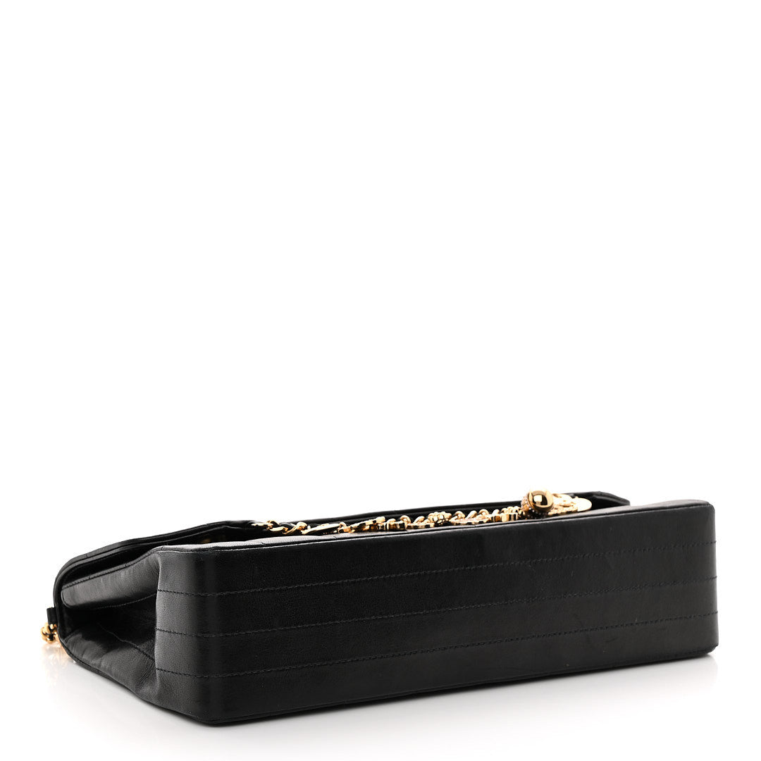 Lambskin Quilted Crystal Chocolate Bar Charm Flap Black