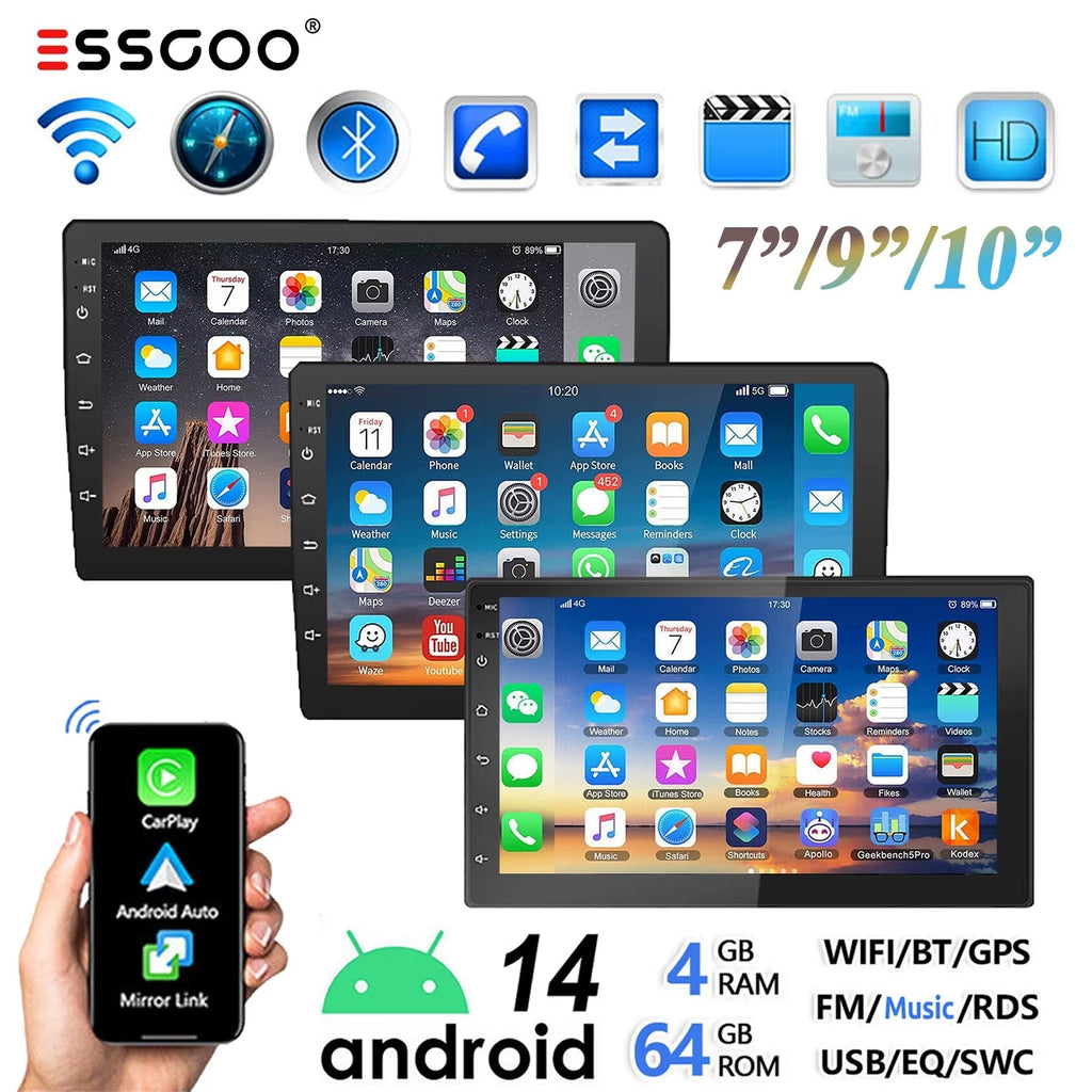 9" 2 DIN Android 14 Car Stereo with 4GB RAM and 64GB Storage, CarPlay, Android Auto, GPS Navigation, Bluetooth, FM RDS Radio, Wi-Fi, and Touchscreen Integration