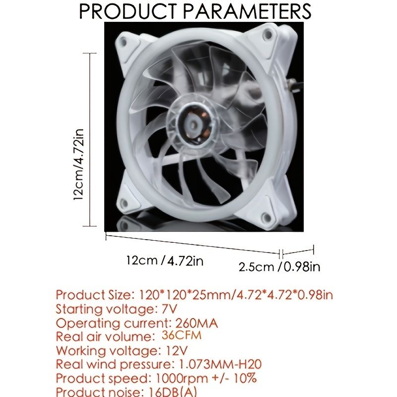 Computer Case Fan High-speed Chassis Fan 4.72inch Double-Sided Light-emitting Computer Mute Desktop Cooling Fan 16 Lights Fan 2000 Rpm 3pin+4pin