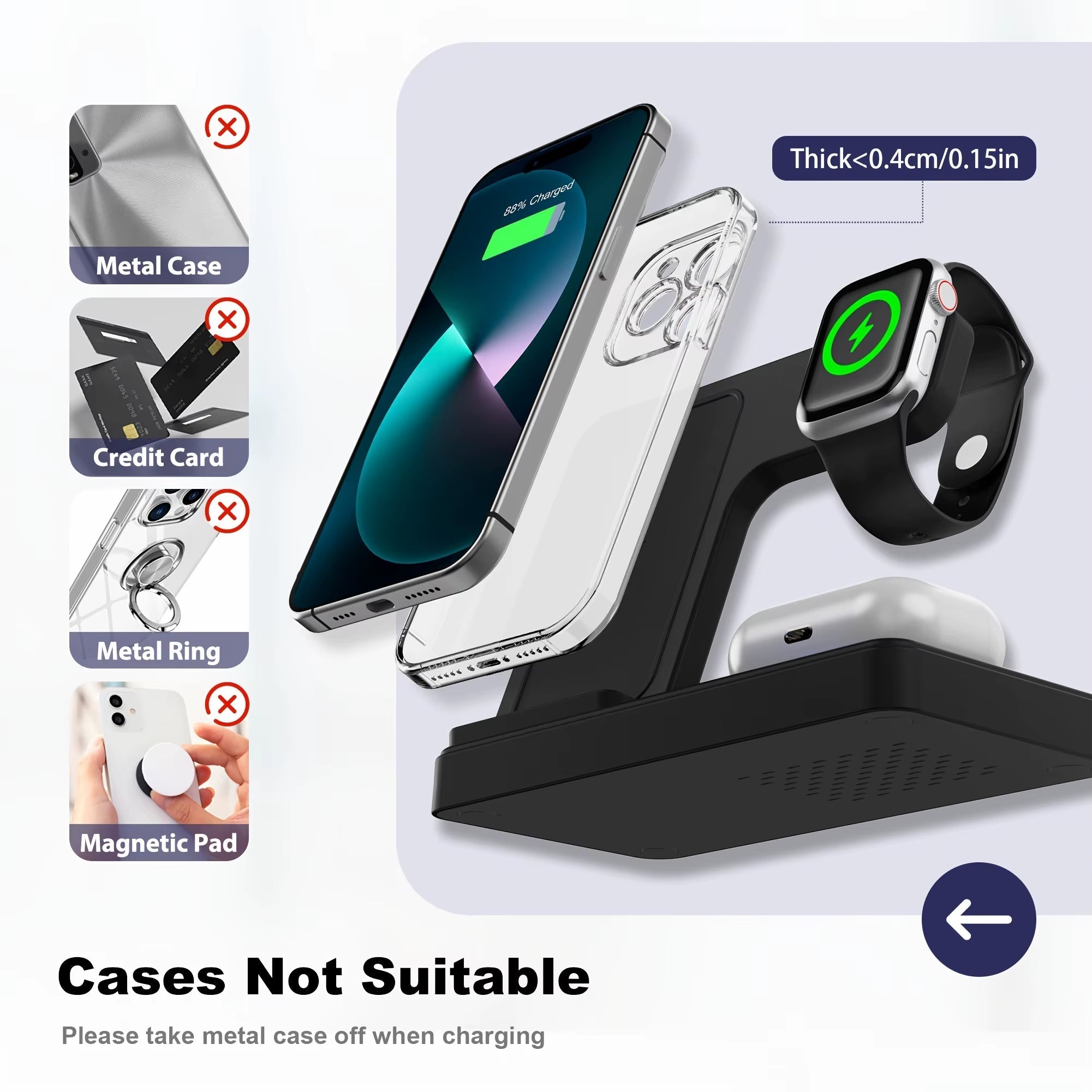 3-in-1 Magnetic Wireless Charging Dock Station with 15W Fast Charging for iPhone 15/14/13/8, Apple Watch, and AirPods