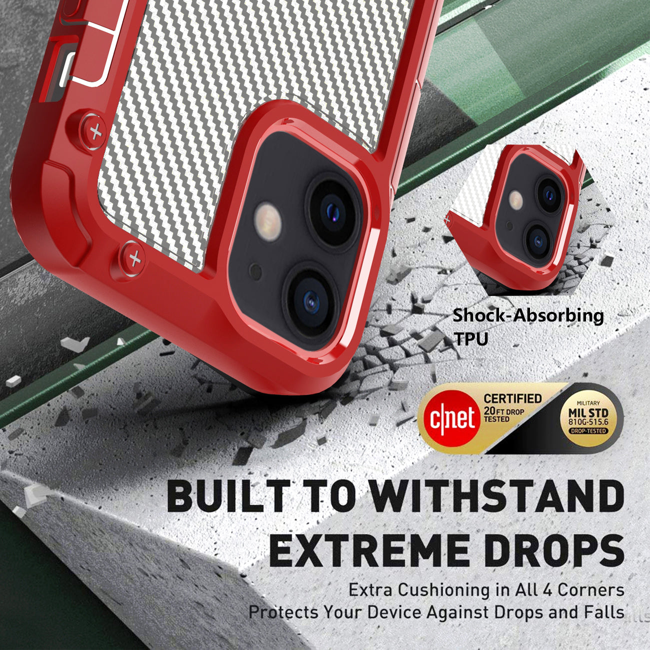Reiko Shockproof Pc Bumper Case With Carbon Fiber Pattern In Red For Iphone 12 Mini