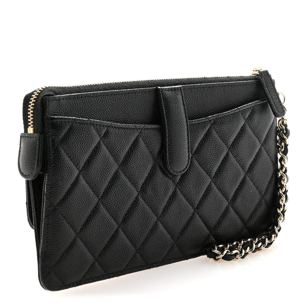Caviar Quilted Classic Pouch With Handle Black
