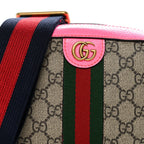 GG Supreme Monogram Textured Dollar Calfskin Web Ophidia Small Crossbody Bag Beige Ebony Fuchsia