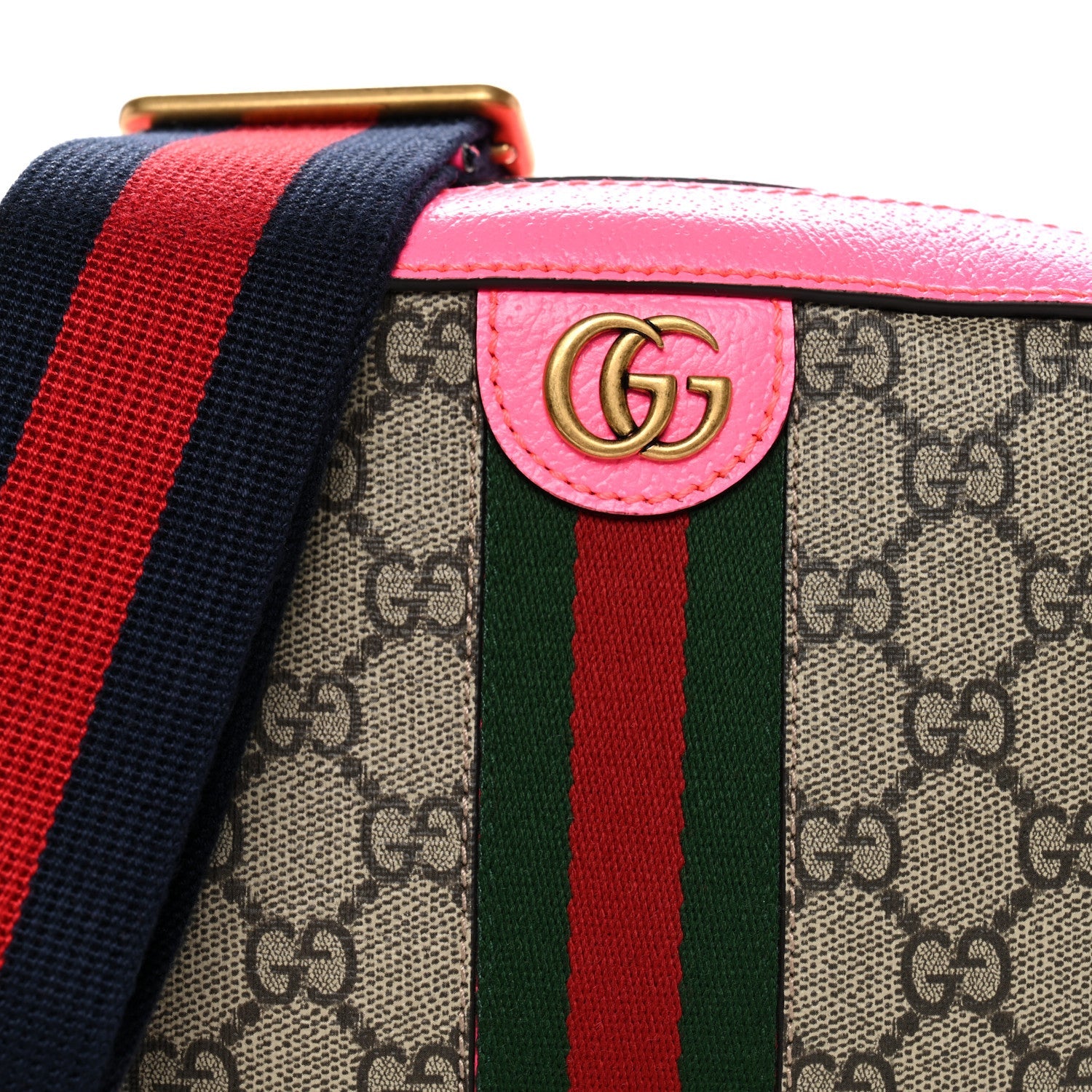 GG Supreme Monogram Textured Dollar Calfskin Web Ophidia Small Crossbody Bag Beige Ebony Fuchsia